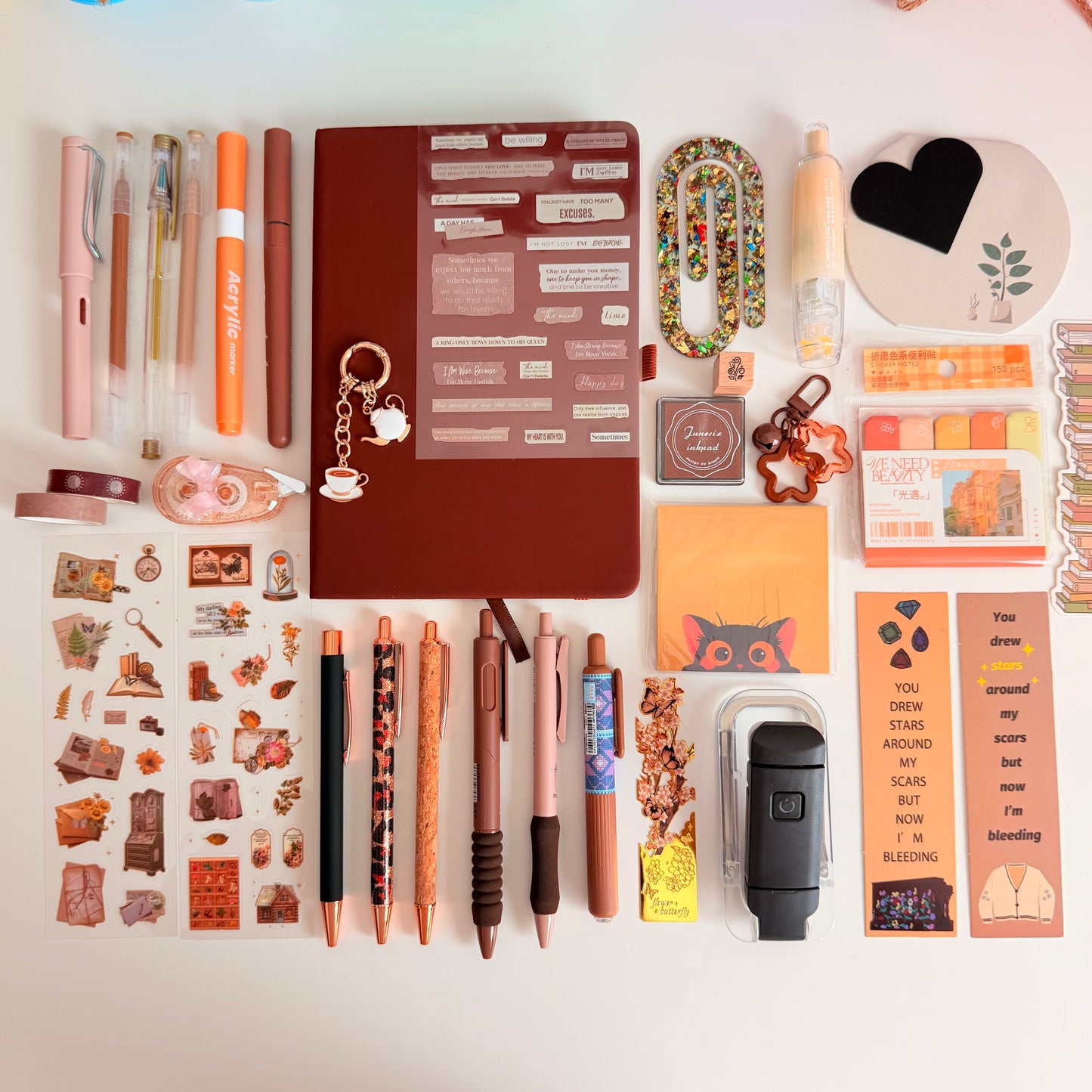 Cozy Brown Stationery Set | Notebook, Pens, Stickers & Accessories