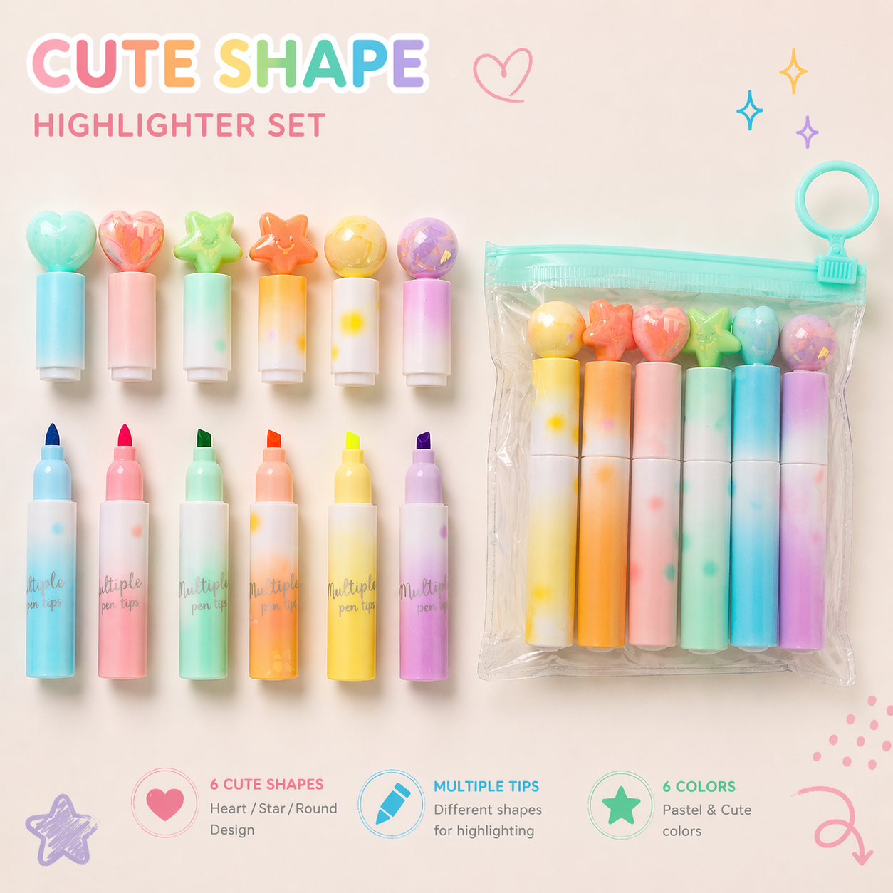 Cute Shape Highlighters Set – 6 Colors