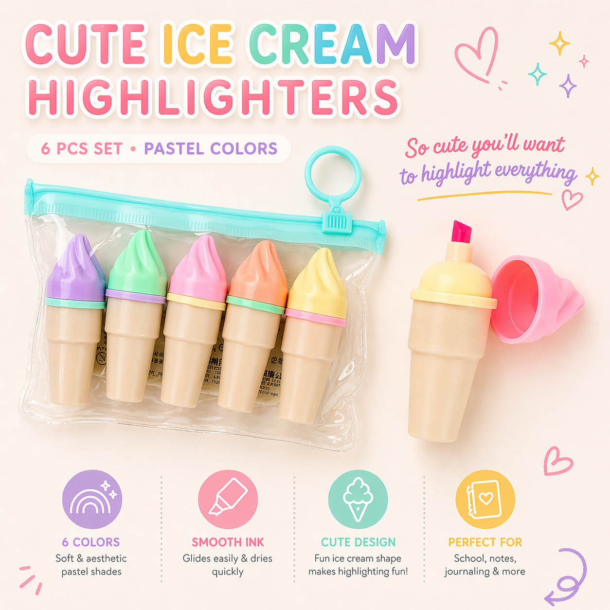 Cute Ice Cream Highlighters – 6 Pastel Colors Set
