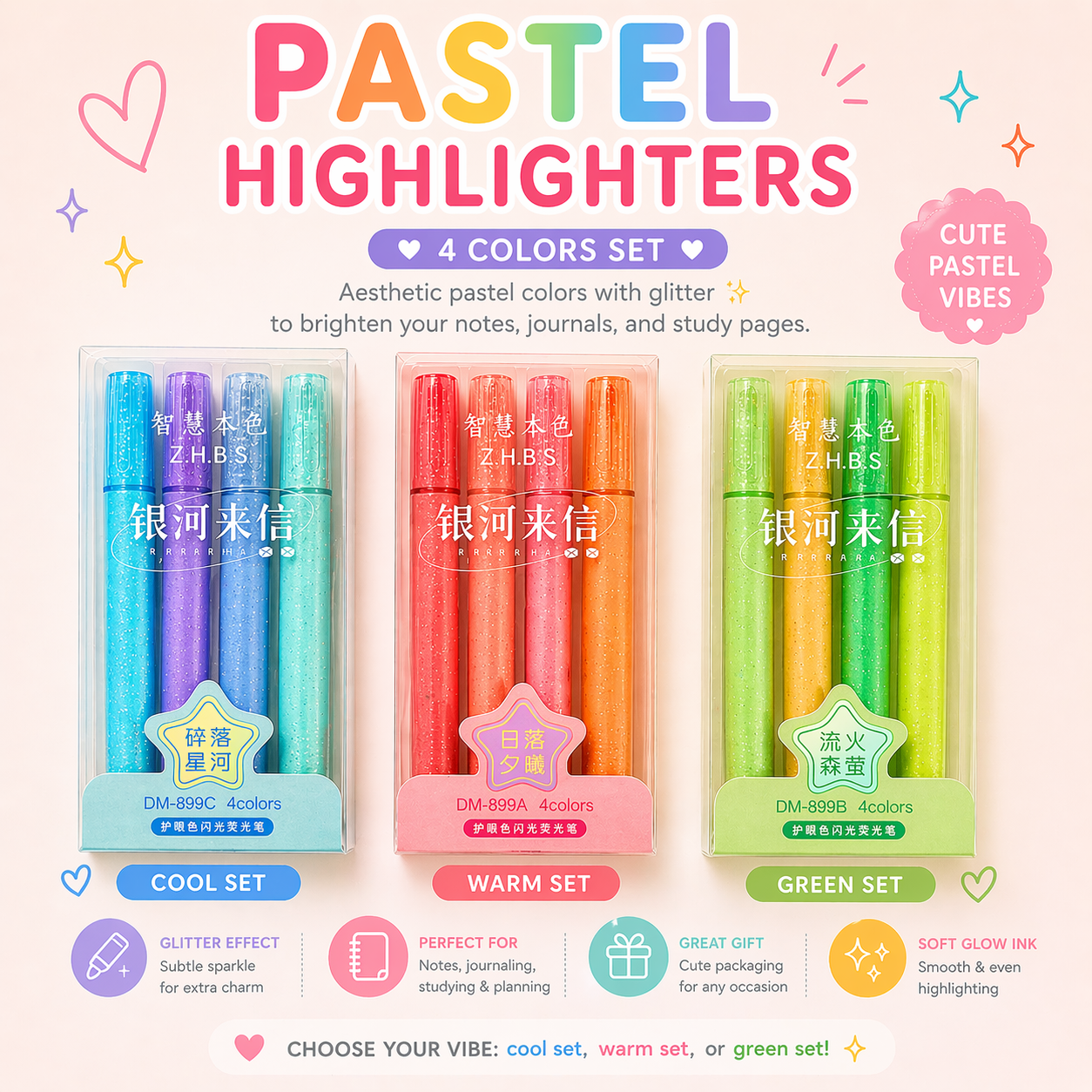 Glitter Pastel Highlighters – 4 Color Set (Cool, Warm, Green)