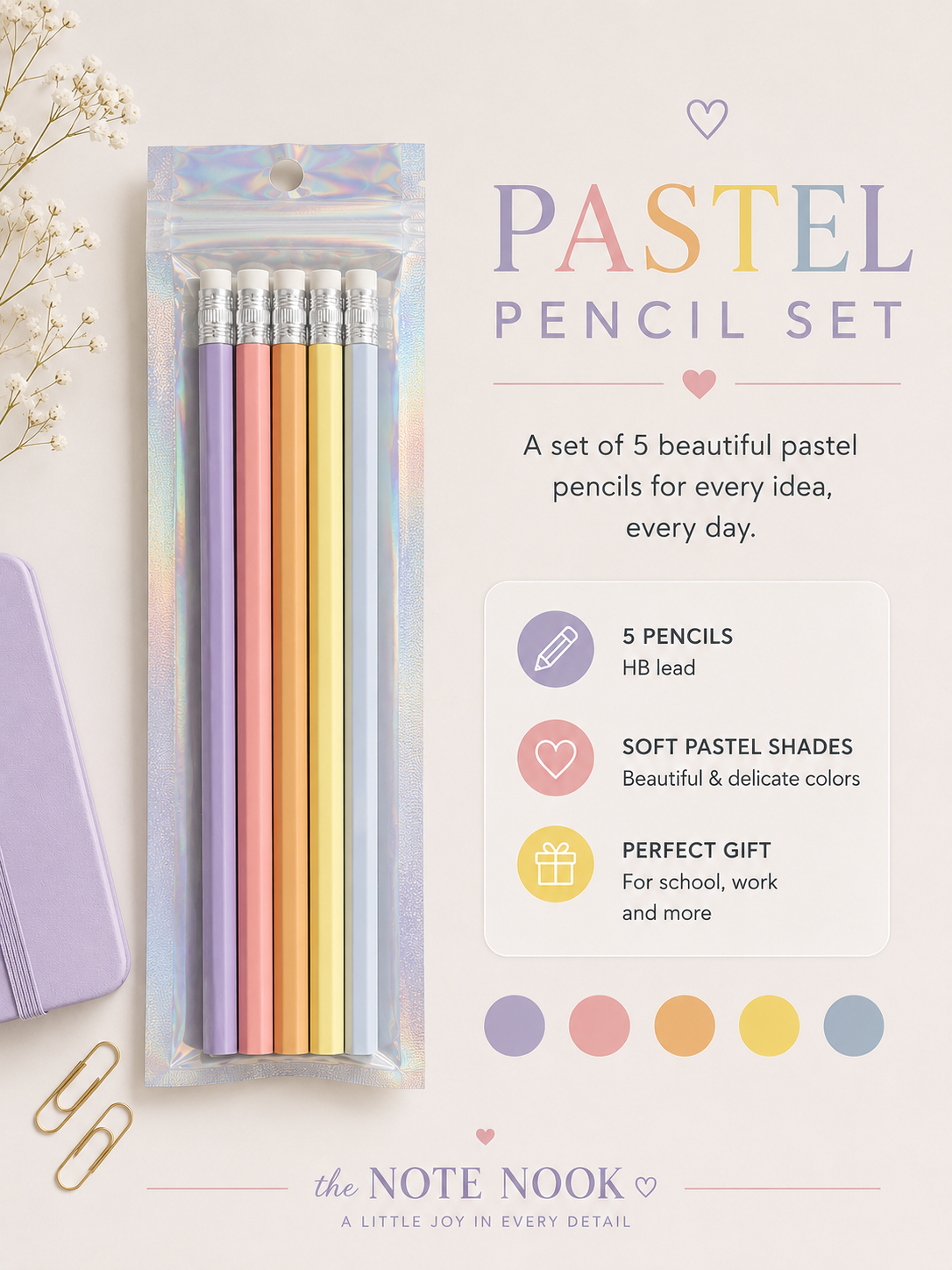 Gradient HB Pencil Set – 5 Wooden Pencils | Pastel Color Collection