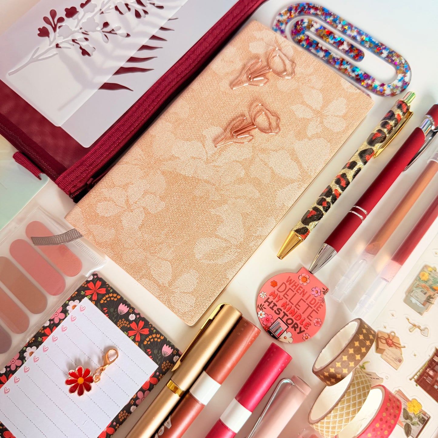 Burgundy & Beige Desk Set | Floral Journal Stationery Gift Box