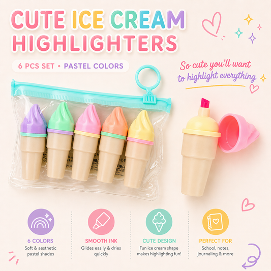 Cute Ice Cream Highlighters – 6 Pastel Colors Set