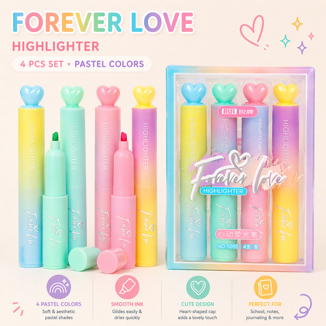 Forever Love Heart Highlighters – 4 Pastel Colors Set
