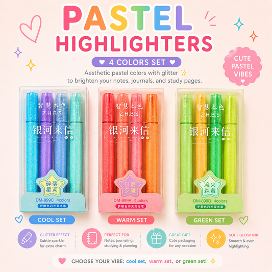 Glitter Pastel Highlighters – 4 Color Set (Cool, Warm, Green)
