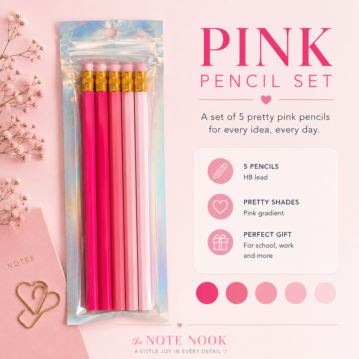 Gradient HB Pencil Set – 5 Wooden Pencils | Pastel Color Collection