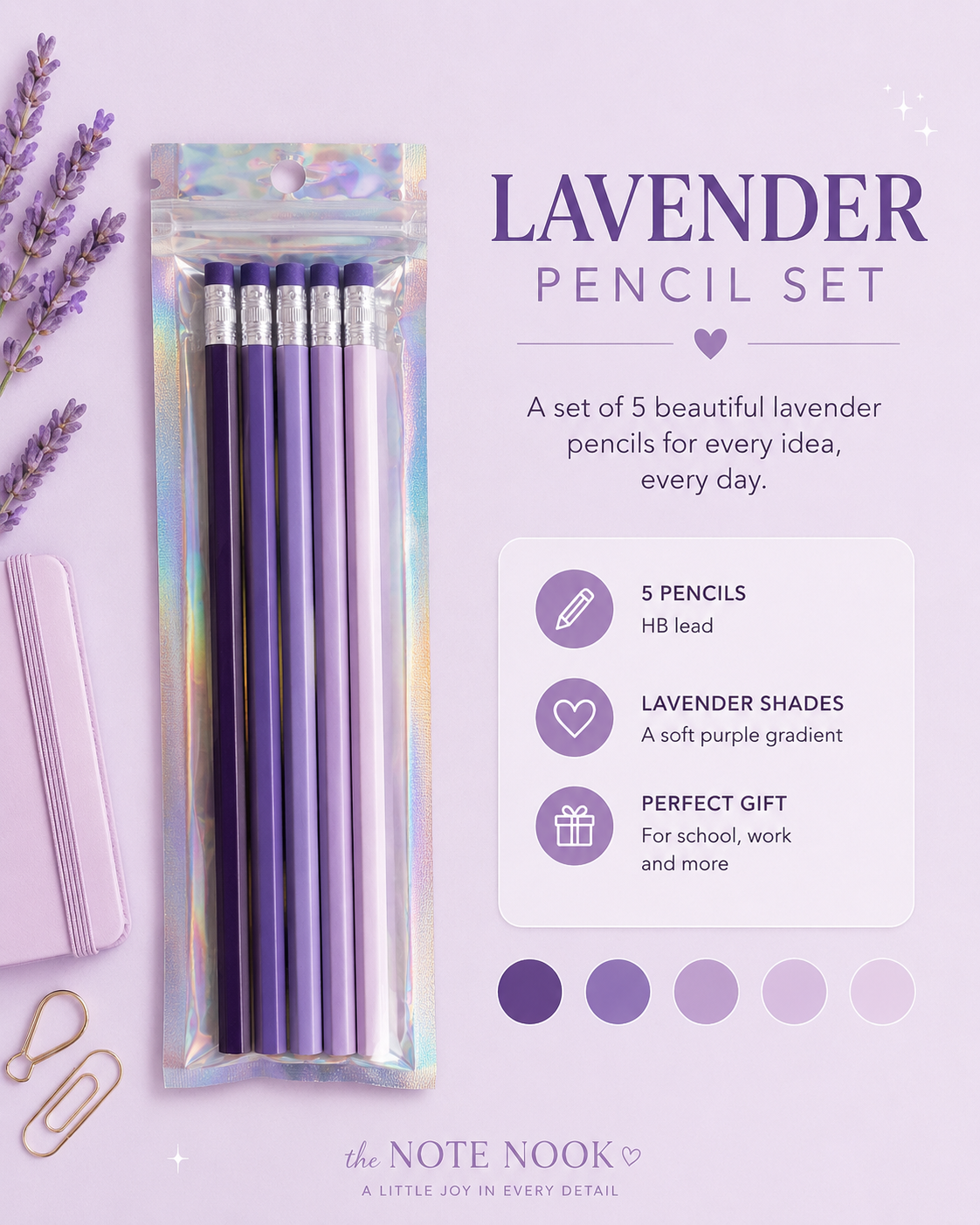 Gradient HB Pencil Set – 5 Wooden Pencils | Pastel Color Collection