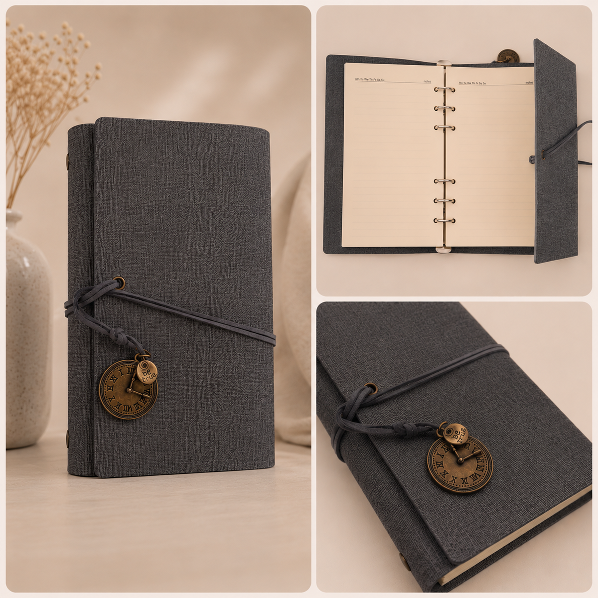 Elegant Journal with Vintage Clock Charm
